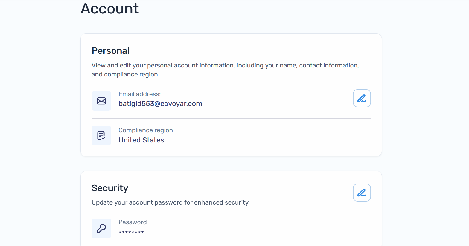 Account page screenshot