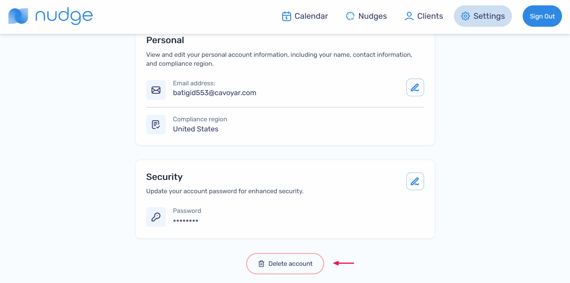 Delete account button