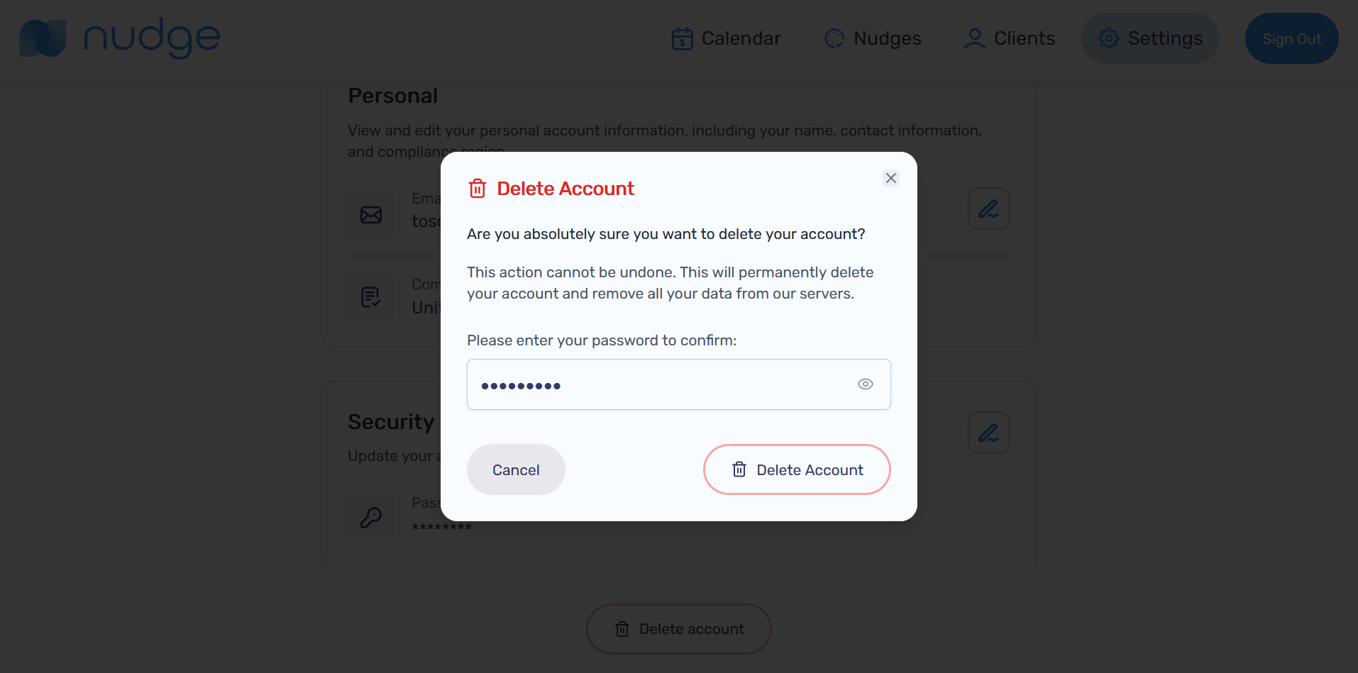 Confirm delete account
