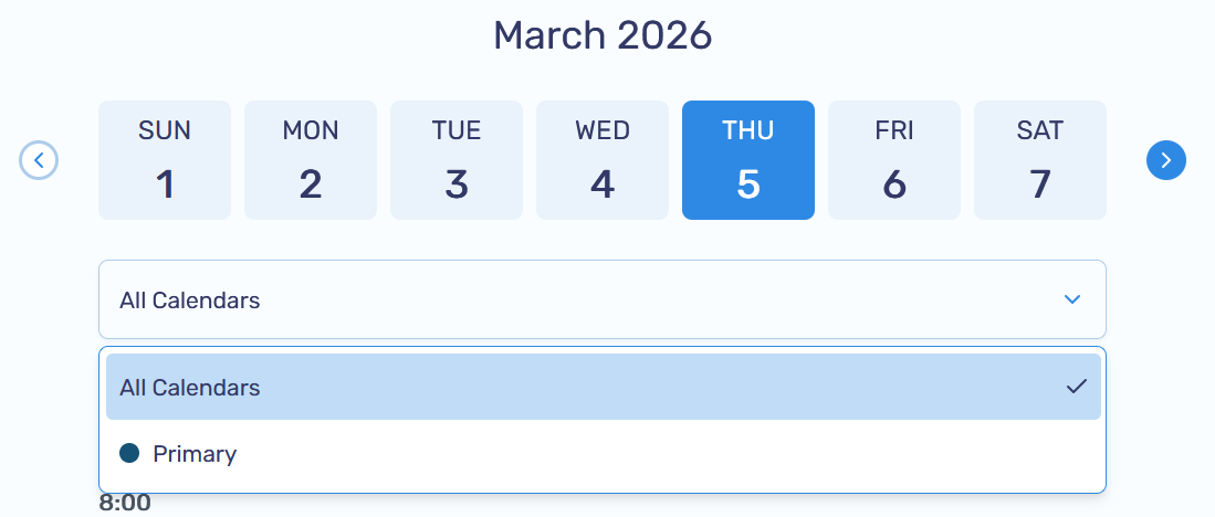 Filter by calendar dropdown