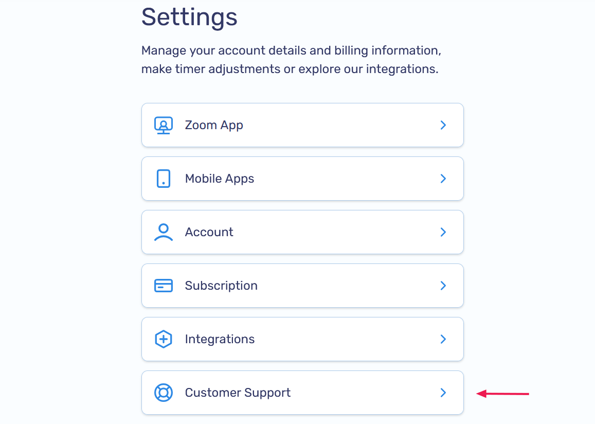 Customer Support navigation screenshot