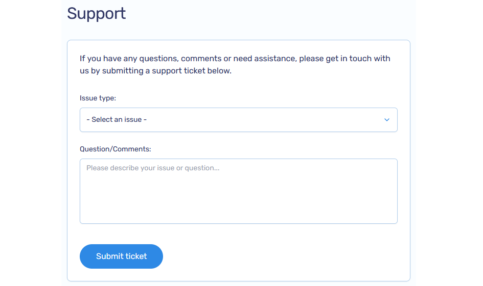 Support form screenshot