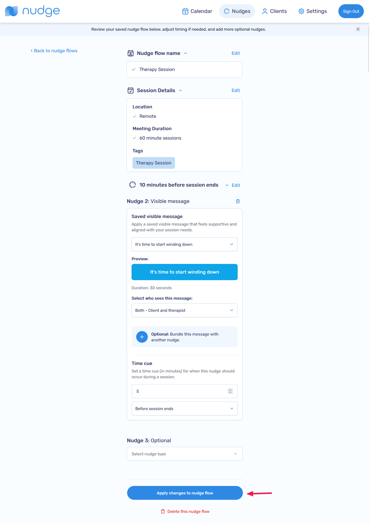 Apply changes to nudge flow button
