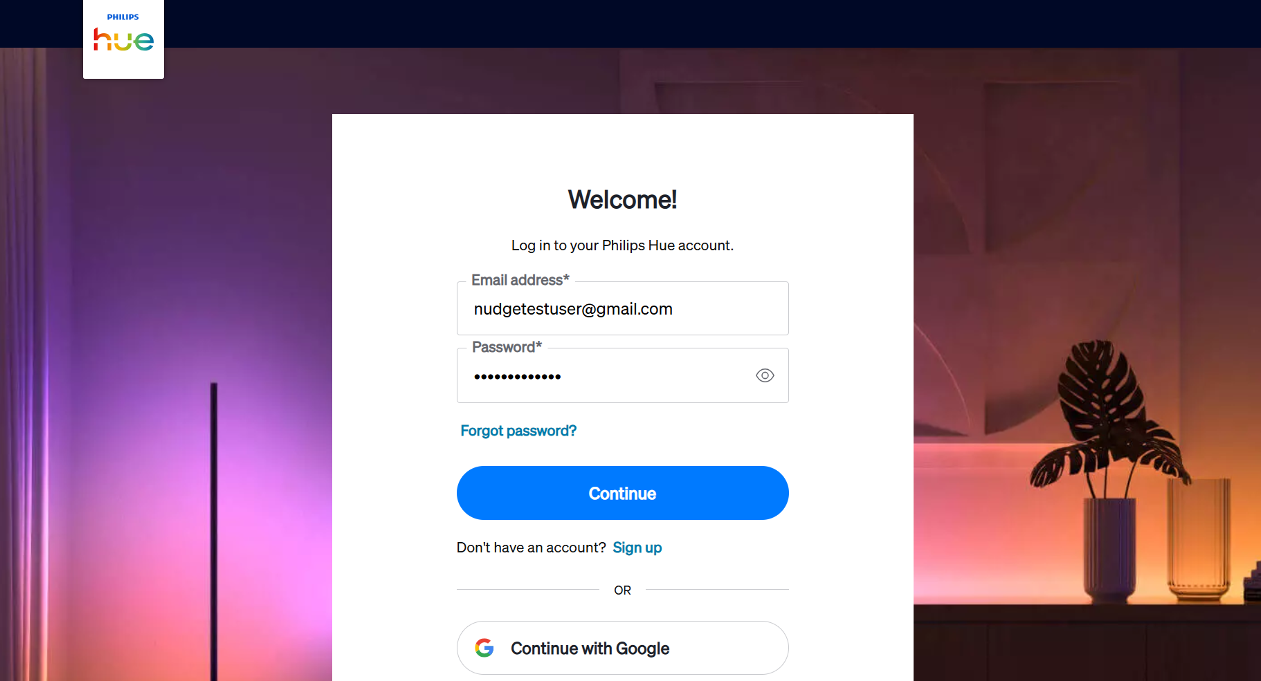 Philips Hue sign-in page