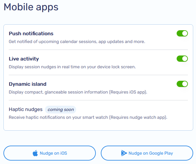 Mobile App settings screenshot